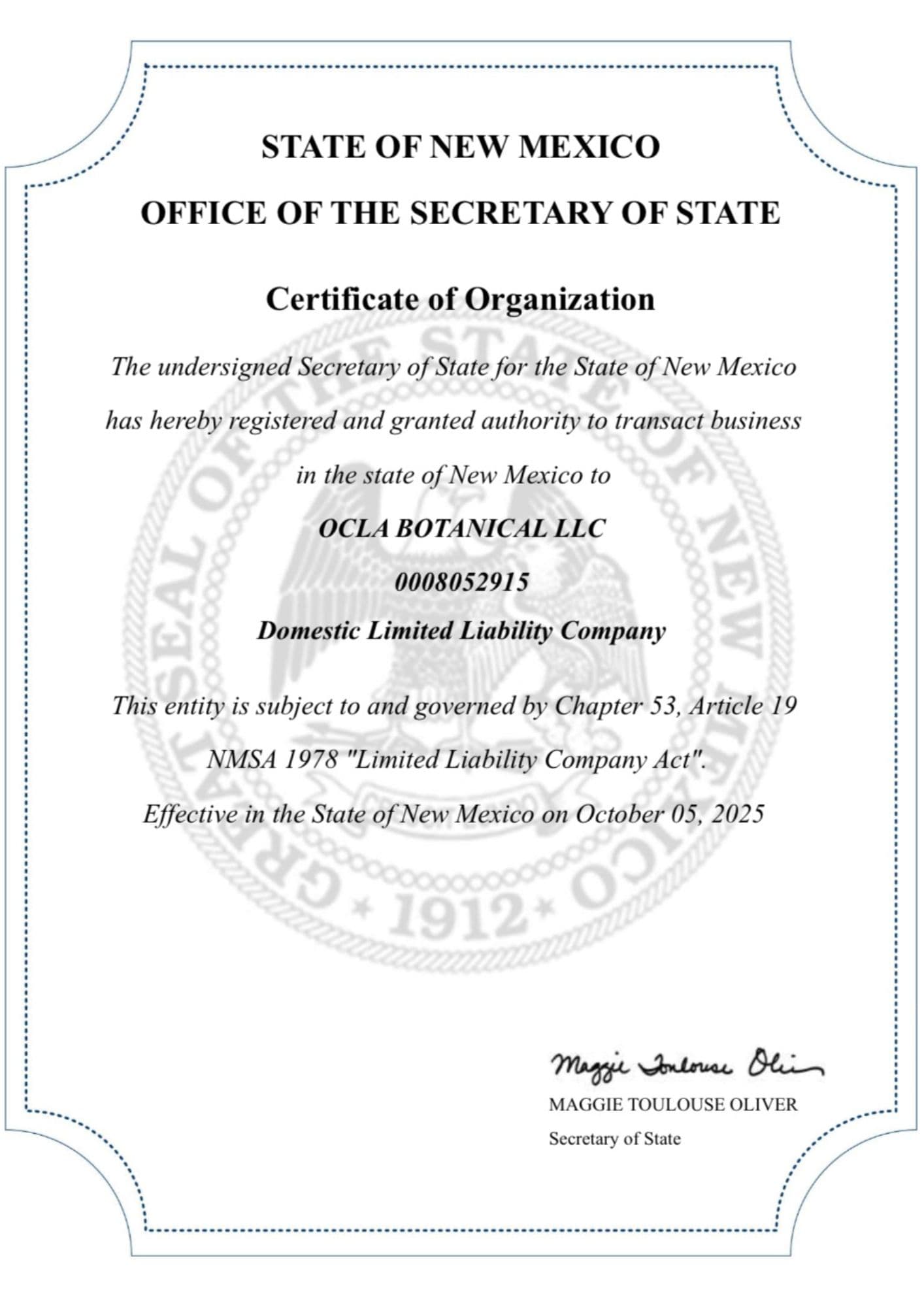 USA Certificate of Organization - New Mexico