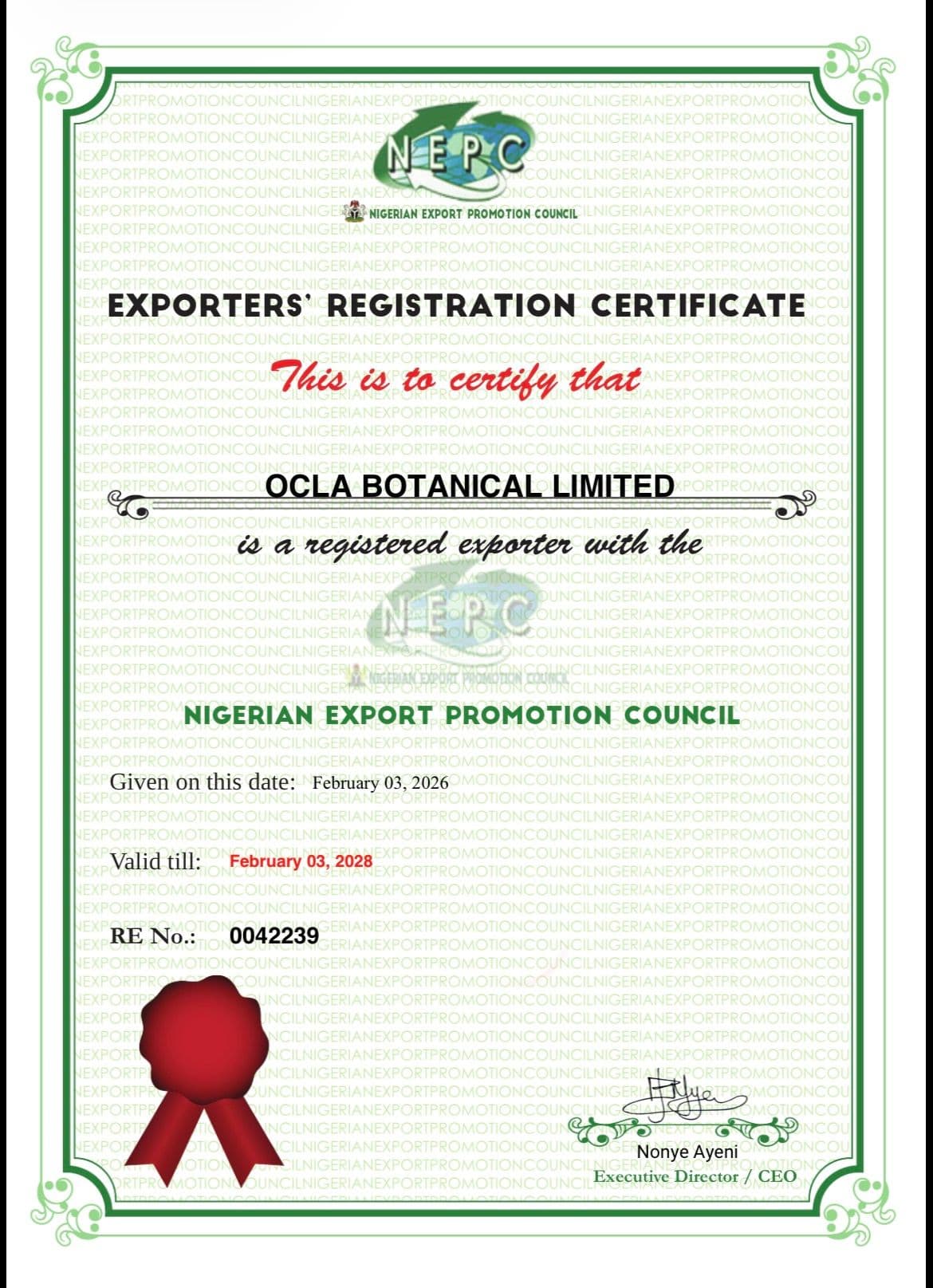 NEPC Exporter Registration Certificate - Nigeria
